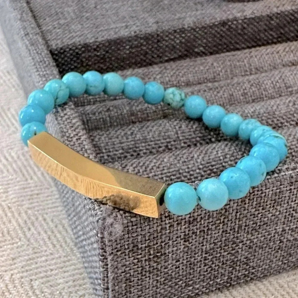 Natural Turquoise Beaded 18k PVD Stainless Steel Bar Stretch Bracelet Waterproof - Picture 6 of 6